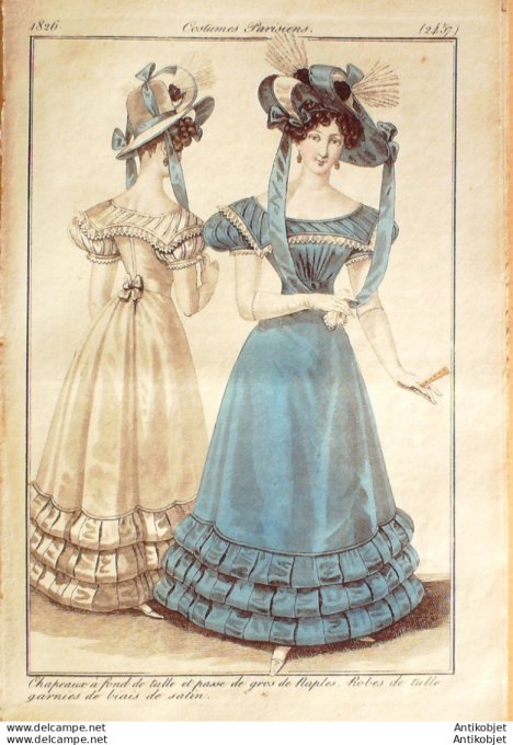 Gravure de mode Costume Parisien 1826 n°2457 Robes de tulle garnies de biais de satin