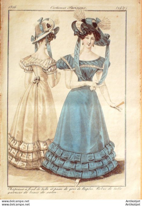 Costume Parisien 1826 # 2457 Robes de tulle garnies de biais de satin