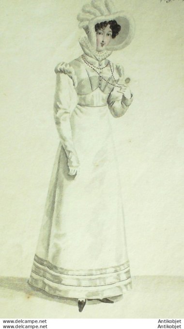 Gravure de mode Costume Parisien 1821 n°1956 Robe de cahemire garnie