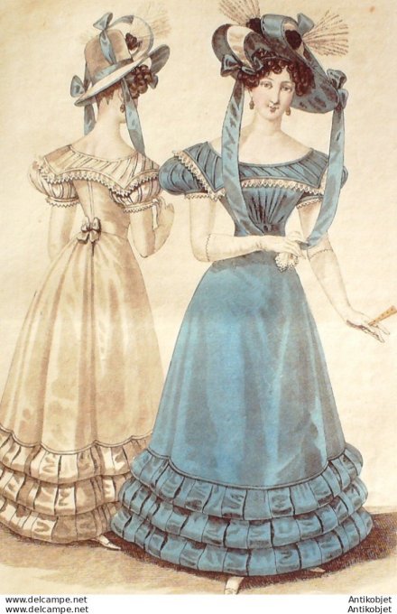 Costume Parisien 1826 # 2457 Robes de tulle garnies de biais de satin