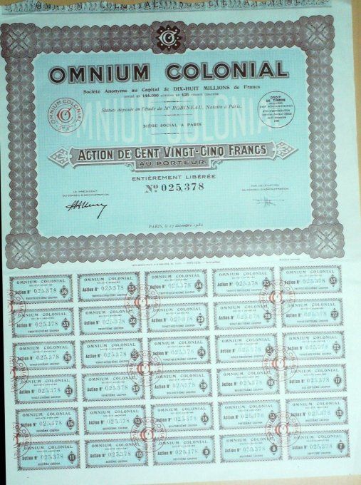Omnium colonial (Industrie du pétrole) Paris action 125 fr 1930