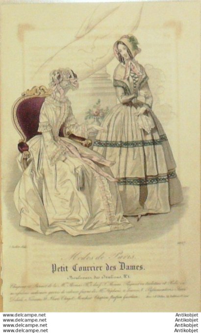 Gravure Mode Courrier des Dames 1844 # 2027 (eau forte old Fashion plate)
