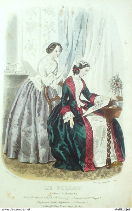 Gravure Mode Le Follet 1853 # 1801 (aquarelle Old Fashion plate)