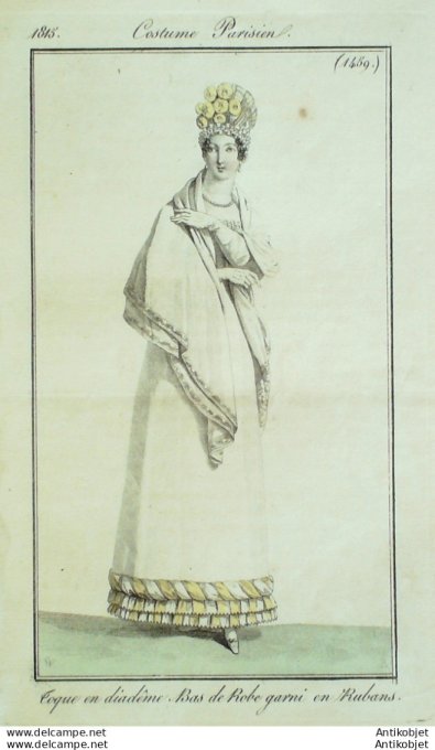 Gravure de mode Costume Parisien 1815 n°1459 Bas de robe garni en rubans