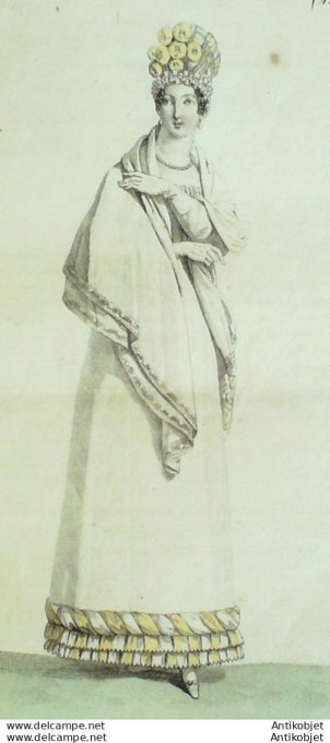 Gravure de mode Costume Parisien 1815 n°1459 Bas de robe garni en rubans
