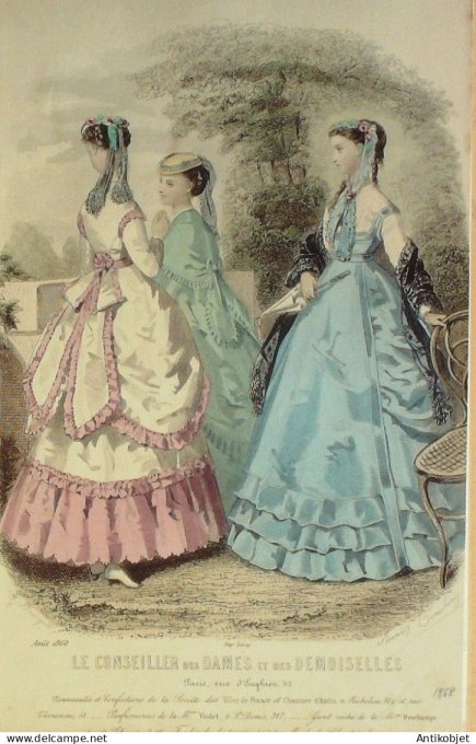 Gravure Mode Conseiller des Dames 1868 #  8 (aquarellee Old Fashion plate)