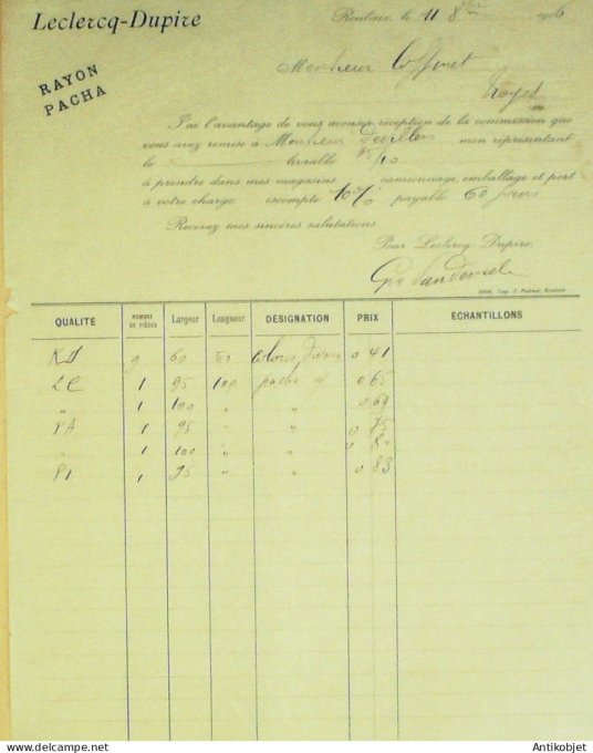 Facture Leclercq-Dupire (Tissu imprimé) 1906 Roubaix (59)