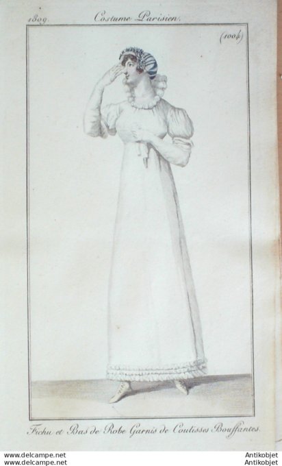 Gravure de mode Costume Parisien 1809 n°1004 Fichu & bas de robe garnis