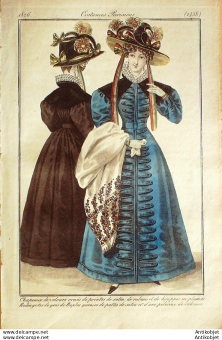 Gravure de mode Costume Parisien 1826 n°2458 Redingotes de gros de Naples