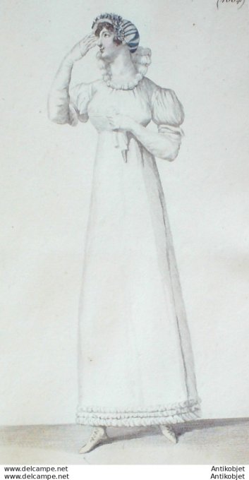 Gravure de mode Costume Parisien 1809 n°1004 Fichu & bas de robe garnis