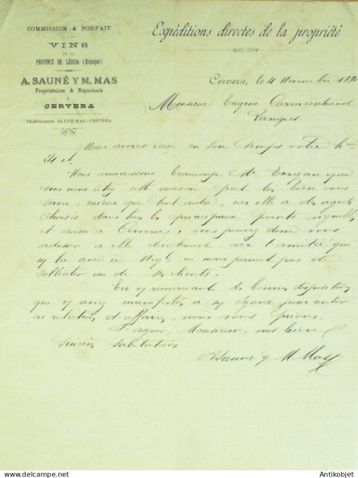 Lettre Ciale A.Sauné Y M.Mas (négociant en vins) 1890 à Cervera (Espagne)