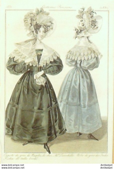 Gravure de mode Costume Parisien 1829 n°2710 Robe de Barèges volants brodés soie