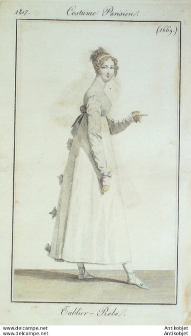Gravure de mode Costume Parisien 1817 n°1669 Tablier  robe