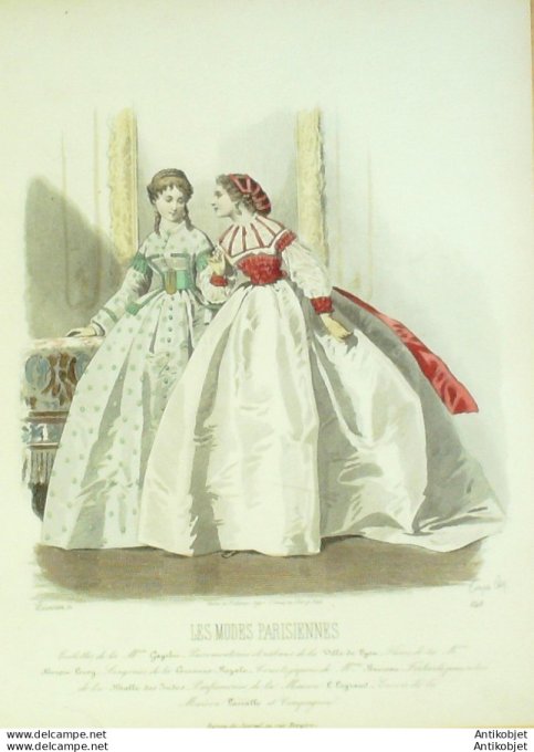 Gravure Les Modes Parisiennes 1864 #1148 Robes satin Jersey Maison Cagelin