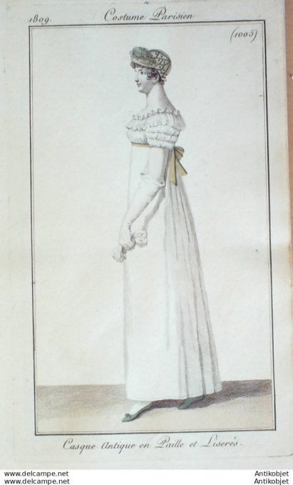 Gravure de mode Costume Parisien 1809 n°1005 Casque antique en paille