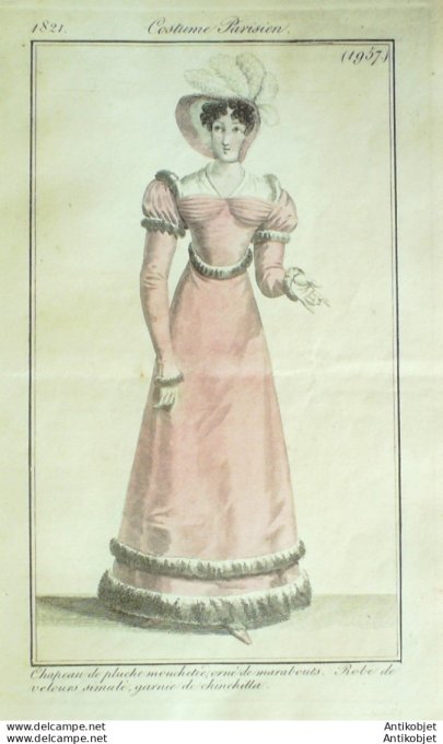 Gravure de mode Costume Parisien 1821 n°1957 Robe velours garnie de chinchilla