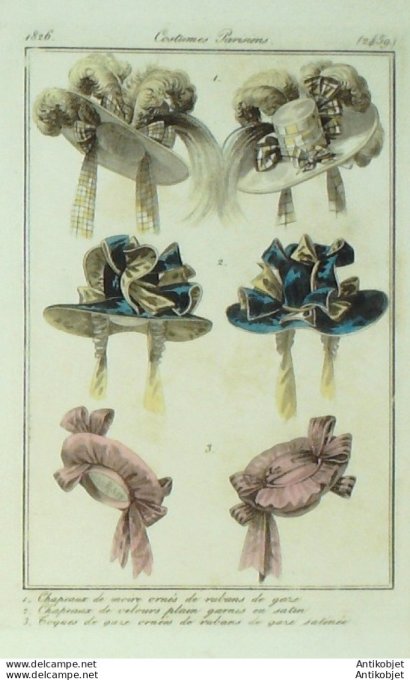 Costume Parisien 1826 # 2459 Chapeaux de moire velours toques