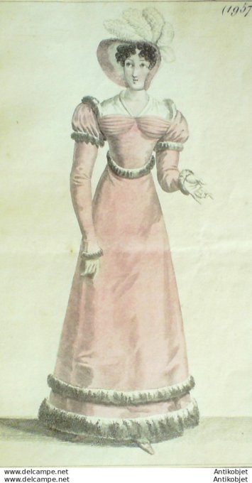 Gravure de mode Costume Parisien 1821 n°1957 Robe velours garnie de chinchilla
