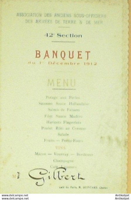 Menu banquet 'Armée de terre & Mer' Café de Paris Chatou (92) 1912