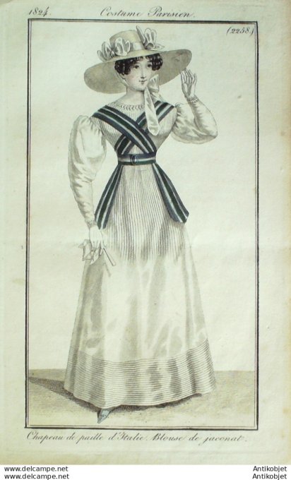 Gravure de mode Costume Parisien 1824 n°2258 Blouse de Jaconat  chapeau de paille
