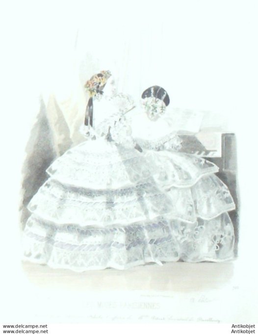 Gravure Les Modes Parisiennes 1854 # 725 Robes de bal Maison Delisle