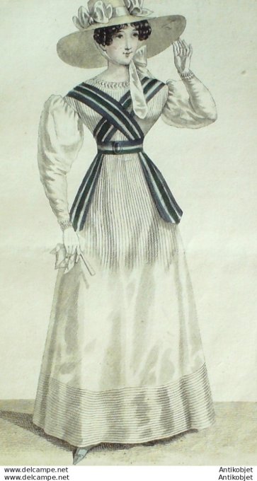 Gravure de mode Costume Parisien 1824 n°2258 Blouse de Jaconat  chapeau de paille