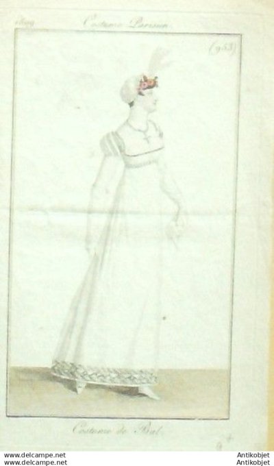 Gravure Mode Costume Parisien 1809 #  953 (eau forte old Fashion plate