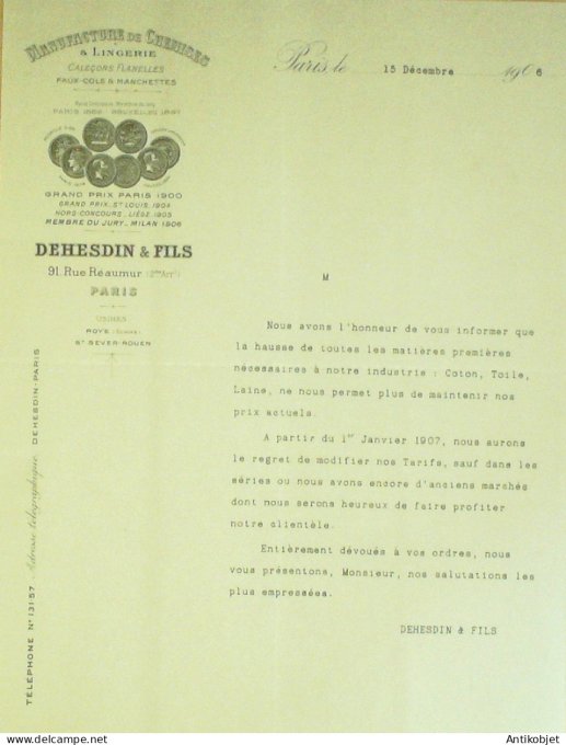 Lettre Cialehesdin Fils (ManuFacture Chemises) 1906 Paris