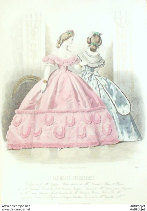 Gravure Les Modes Parisiennes 1861 # 982 Robes de la Cour Maison Gagelin