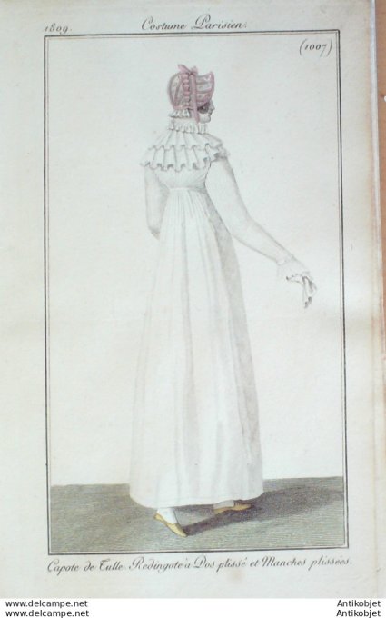 Gravure de mode Costume Parisien 1809 n°1007 Redingote à dos plissé