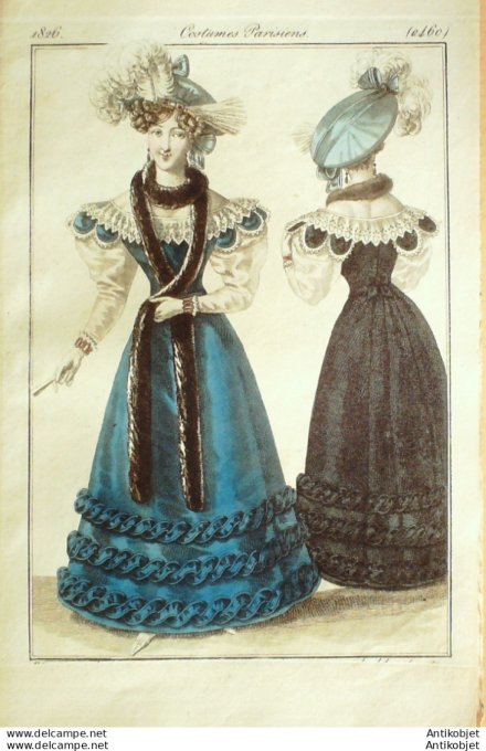 Gravure de mode Costume Parisien 1826 n°2460 Palatines de martre et cygne  bérets