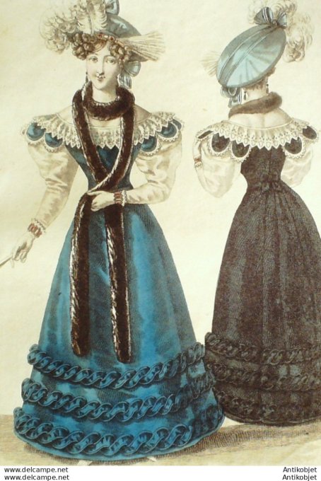 Gravure de mode Costume Parisien 1826 n°2460 Palatines de martre et cygne  bérets
