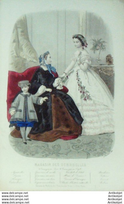 Gravure Mode Magasin Demoiselles 1860 # 11 (aquarellee Old Fashion plate)