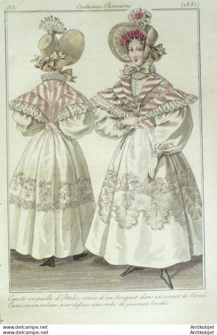 Gravure de mode Costume Parisien 1831 n°2882 Canezou en ruban Robe Jaconat