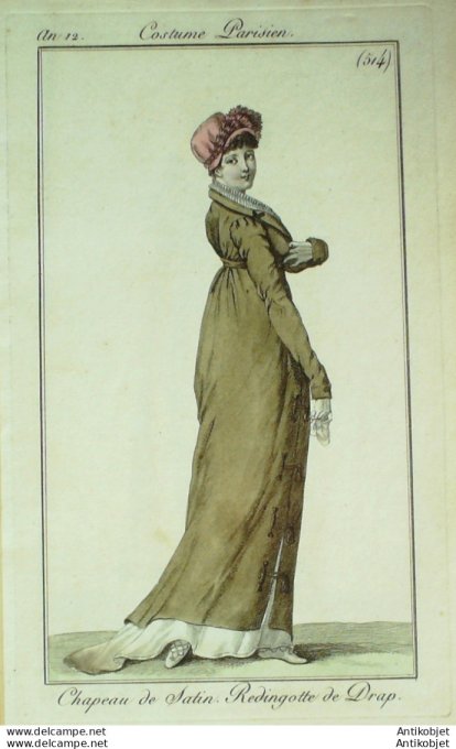 Gravure de mode Costume Parisien 1803 n° 514 (An 12) Redingote de drap
