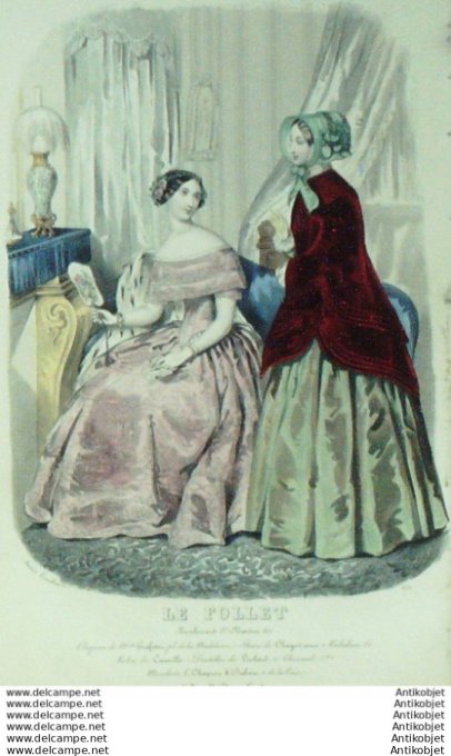 Gravure Mode Le Follet 1849 # 1572 (aquarelle Old Fashion plate)