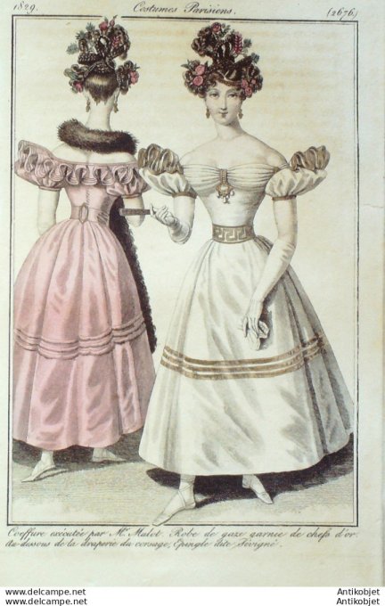 Gravure de mode Costume Parisien 1829 n°2676 Robe de gaze corsage drapé