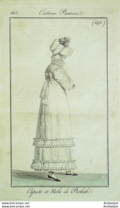 Gravure de mode Costume Parisien 1815 n°1475 Capote et robe perkale