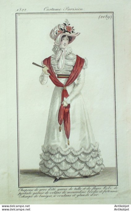 Gravure de mode Costume Parisien 1822 n°2089 Robe perkale garnie de mousseline