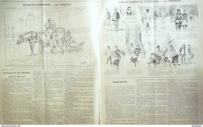 Le Journal Amusant 1891 n°1793 Dangers du patinage sur la glace Vaudeville Mme Mongodin Dans la rue