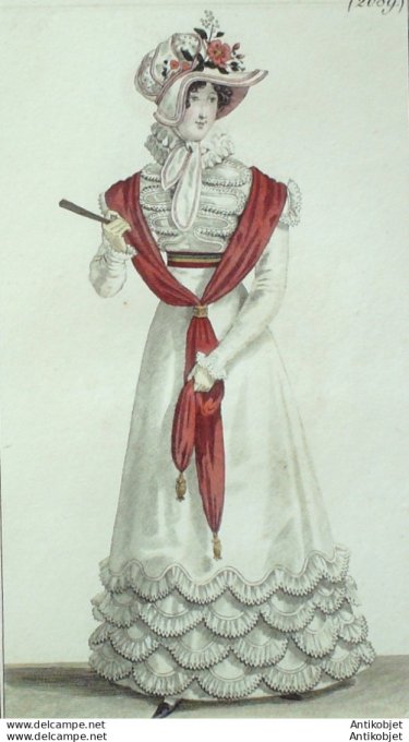 Gravure de mode Costume Parisien 1822 n°2089 Robe perkale garnie de mousseline