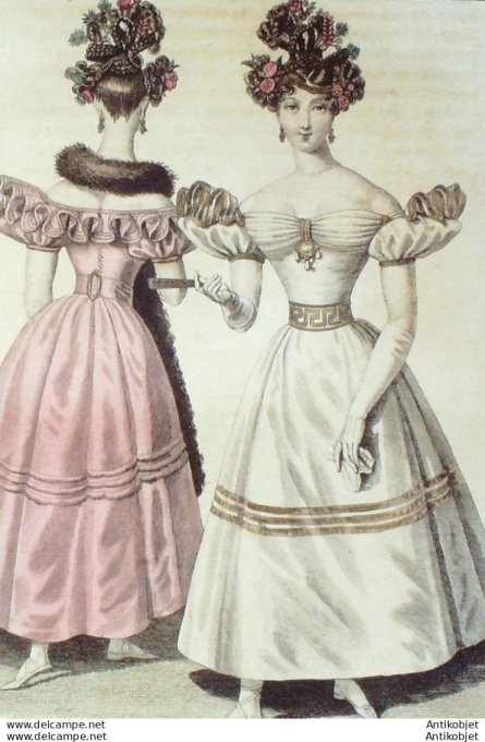 Gravure de mode Costume Parisien 1829 n°2676 Robe de gaze corsage drapé