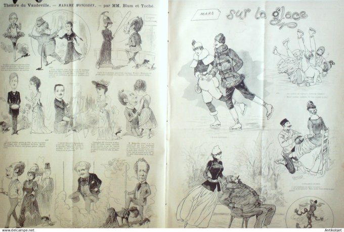Le Journal Amusant 1891 n°1793 Dangers du patinage sur la glace Vaudeville Mme Mongodin Dans la rue