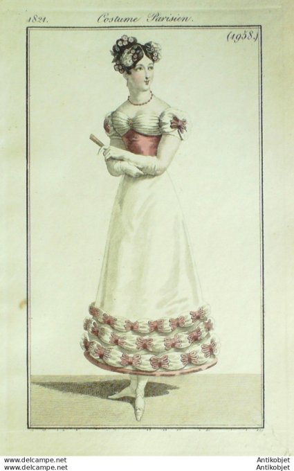 Gravure de mode Costume Parisien 1821 n°1958 Robe de tulle à corsage satin