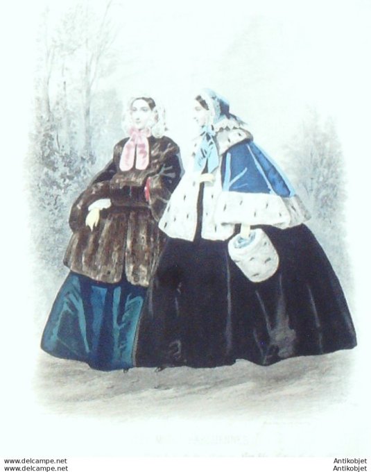 Gravure Les Modes Parisiennes 1854 # 726 Manteaux & fourrures Maison Fauvet