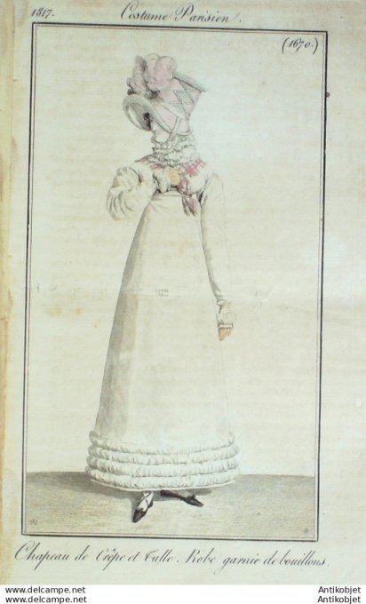 Gravure de mode Costume Parisien 1829 n°2715 Toque de crêpe oiseaux, bonnet de blonde
