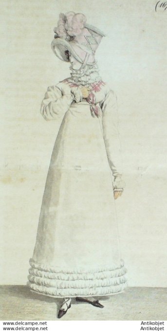 Gravure de mode Costume Parisien 1817 n°1670 Robe garnie de bouillons