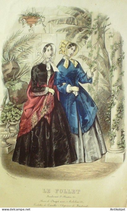 Gravure Mode Le Follet 1849 # 1567 (aquarelle Old Fashion plate)