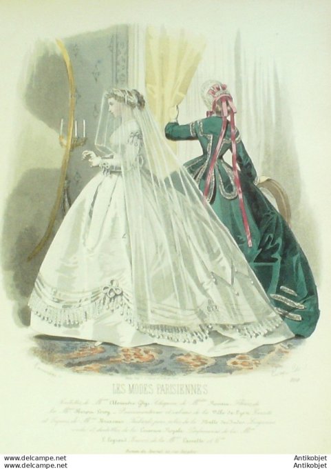 Gravure Les Modes Parisiennes 1864 #1150 Robe de Mariée Maison Ghys