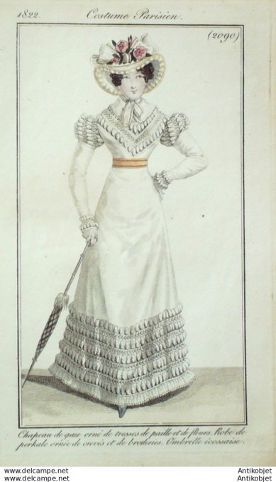 Gravure de mode Costume Parisien 1822 n°2090 Robe perkale et crevés de broderies